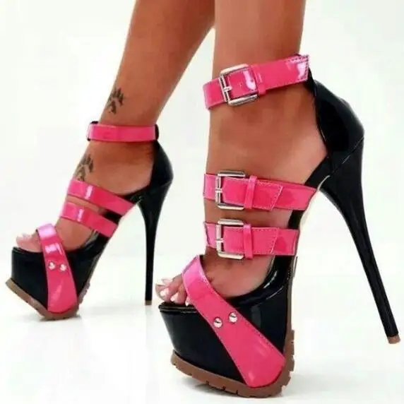Pink and Black Stripper Heels Patent Leather Buckle Sandals Sexy Shoes