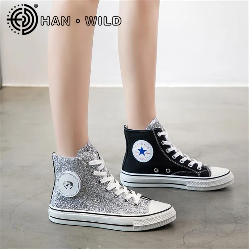 

Fashion Sequins Canvas Shoes 2019 New Thick-soled Wild Korean Casual Shoes Women's Sneakers Student Shoes High Top Vulcanized