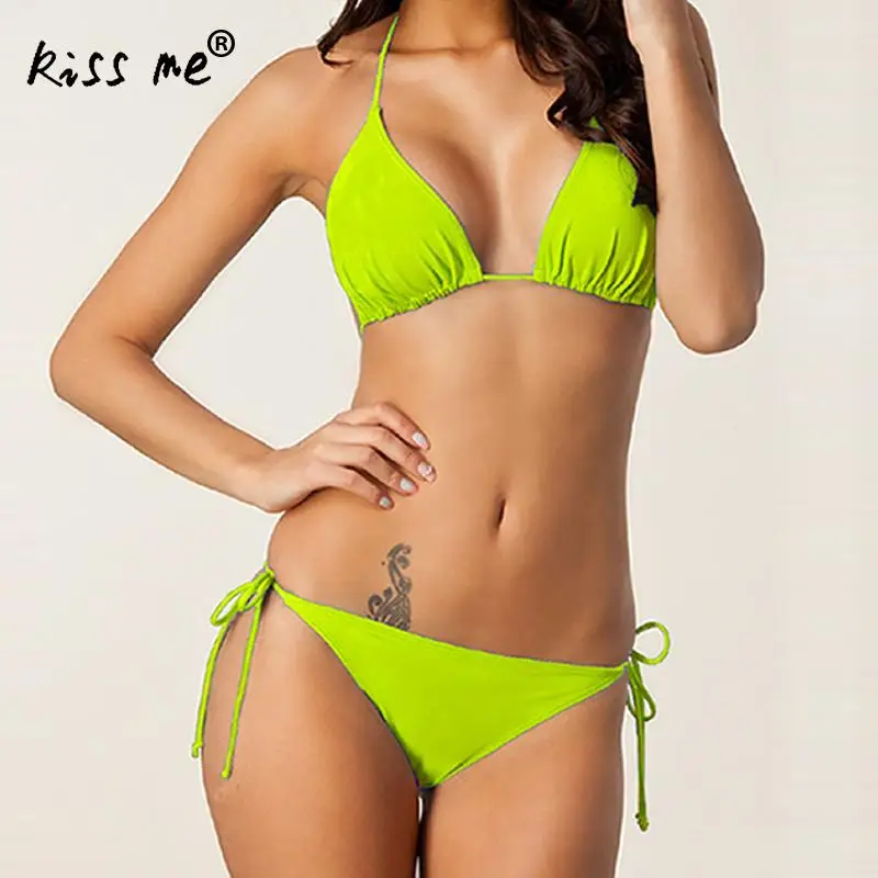 Yellow Halter Bikini Set Women Padded Swimsuit Lady Drawstring Bathing