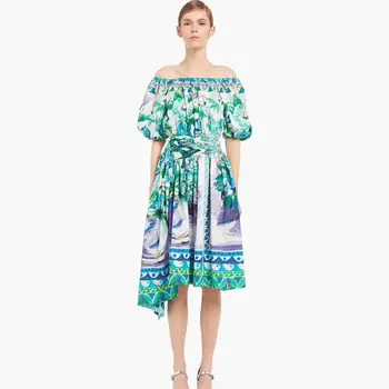 

New elegant cotton splash ink painting Bohemian word shoulder holiday positioning printed fruit green dress