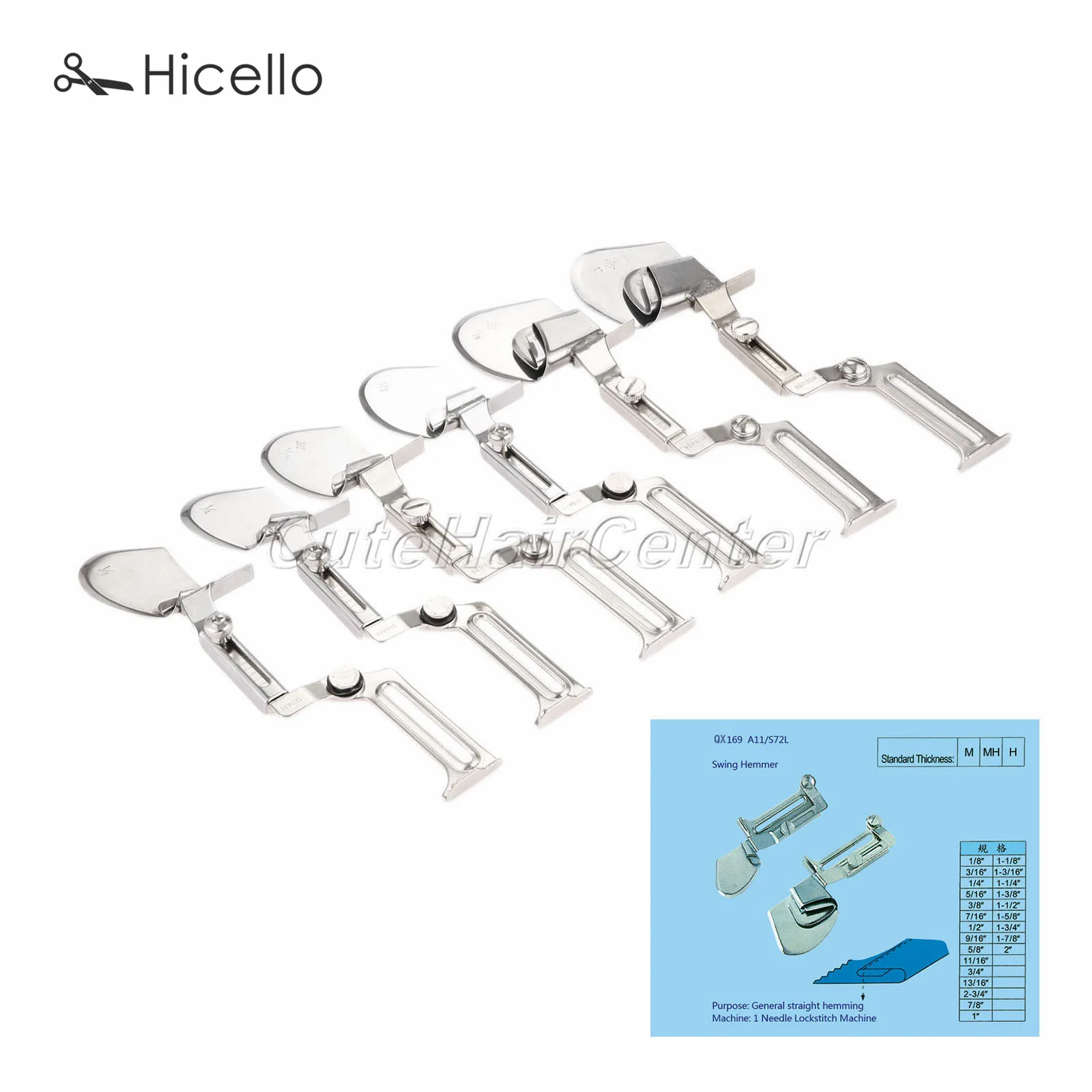 

A11/S72L Sewing Hemmer Folder Binder for 1 needle Lockstitch Machine Straight Hemming 1/8" 1/4" 5/16" 1/2" 7/8" 1" Hicello