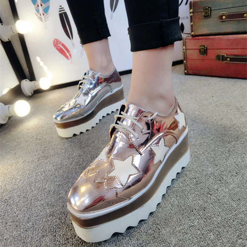 

2017 Patent Leather Oxfords Wedges Gold Silver Platform Shoes Woman Casual Creepers High Heels Wedges Shoes High Quality