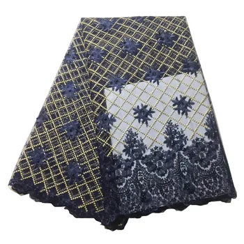 

High Quality Navy Mix Gold Color Nigeria Fashion Beaded Embroidery African Lace Fabric For Wedding Dress X566-6