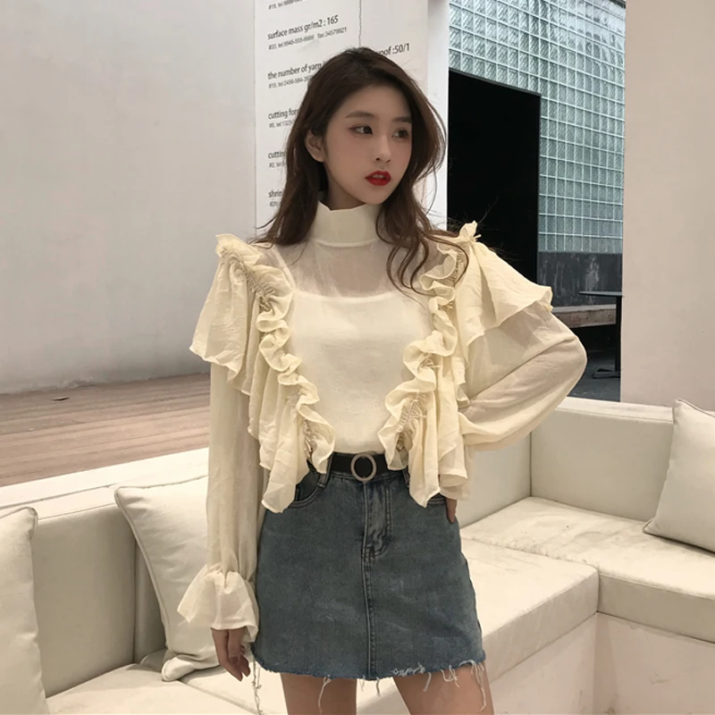 

spring Korean Women's Clothing turtleneck Blouses perspective chiffon shirts loose ruffles woman tops blusas mujer de moda new