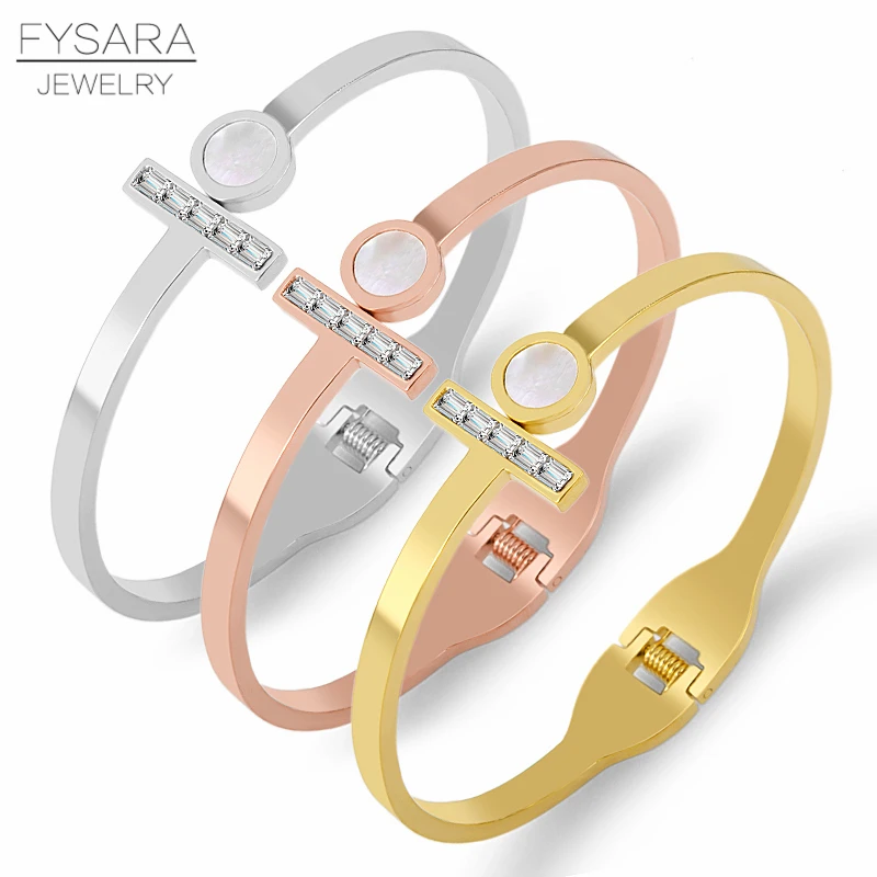 

FYSARA Brand Zirconia Crystal Bangle Big Circle Shell Woman Bracelet & Bangle Stainless Steel Spring Open T Pulseiras Jewery
