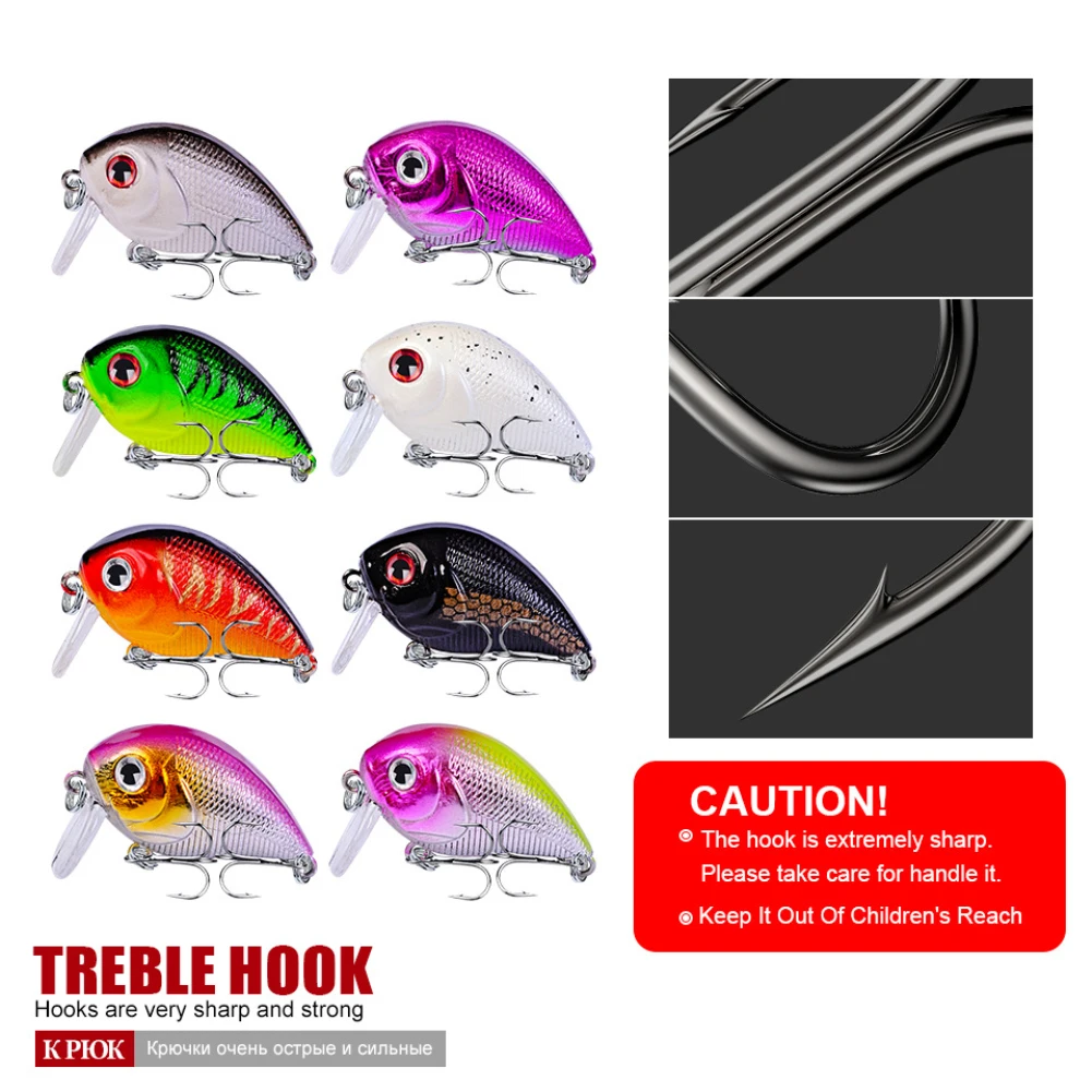 

1pc 45mm/7.2g Multicolor Crank Fishing Bait Cute Shape Fishing Bait Circle Hook 3D Eyes with Two Treble Hook Bait Fishing Hook