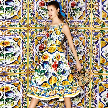 

High Quality New 2018 Fashion Runway Spring Summer Dress Women's Sleeveless Knee-Length Casual blue Printed Button Dress
