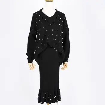 

Pearl Beading v-neck Knitted Sweater+Women Elegant skirt Two Piece Set Ladies Casual Tracksuit