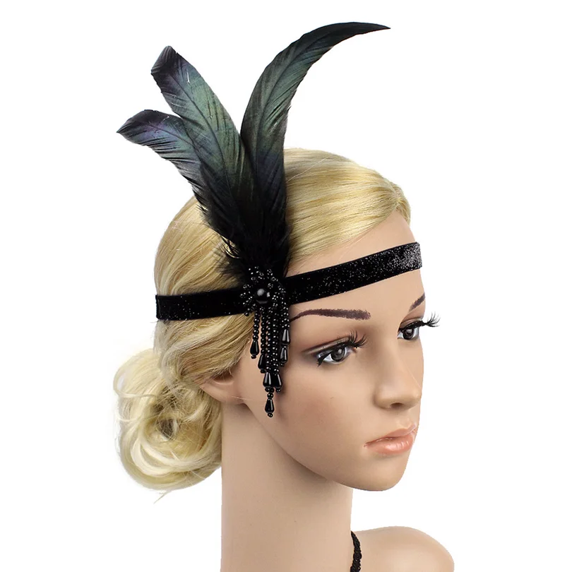 Black Feather 1920s Flapper Headpiece Beaded Charleston Headband Retro