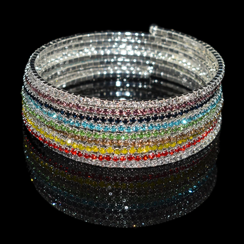 

2019 Luxury Women Multi Layers Rainbow Crystal Rhinestone Bracelets Bangles for women Adjustable Wedding Pulseras Jewelry Gifts