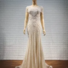TaoHill вечерние платья цвета шампана кепки рукава длинное вечернее платье бисер и кристаллы Memaid стиль невесты Банкетный платье