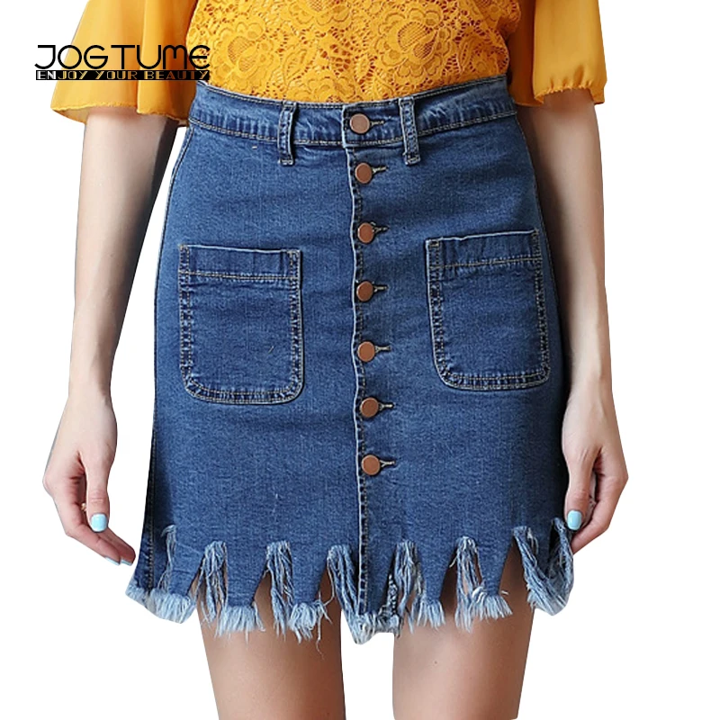 JOGTUME Denim Mini Skirts with Pockets Single breasted Summer Blue