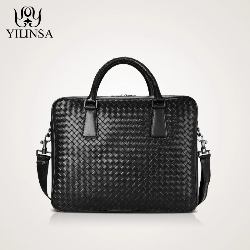

Fashion superior cowhide leather accordion style men handbag genuine leather male casual leather weave briefcase