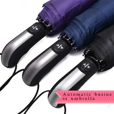 

New Fully-automatic Three Folding Male Commercial Compact Large Strong Frame Windproof 10Ribs Gentle Black Umbrellas