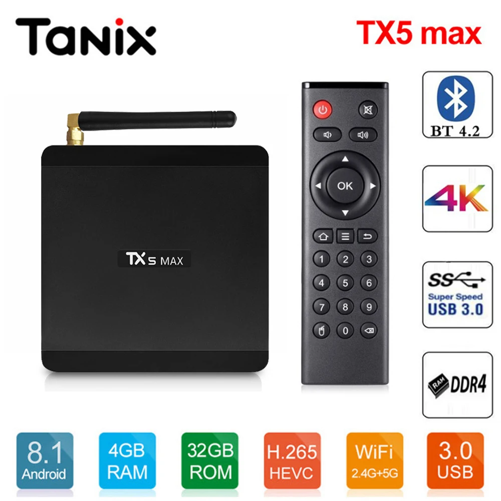 

Tanix TX5 MAX 4GB DDR4 RAM 32GB ROM Smart TV BOX Android 8.1 Amlogic S905X2 4K Media Player Quad Core 1000M 2.4G&5G Dual Wifi
