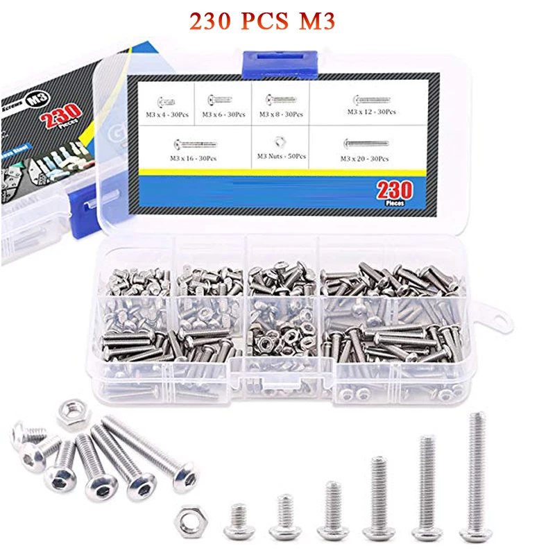 

230Pcs M3 Stainless Steel Allen Hex Drive Button Head Socket Cap Bolts Screws Nuts Assortment Kit (M3)