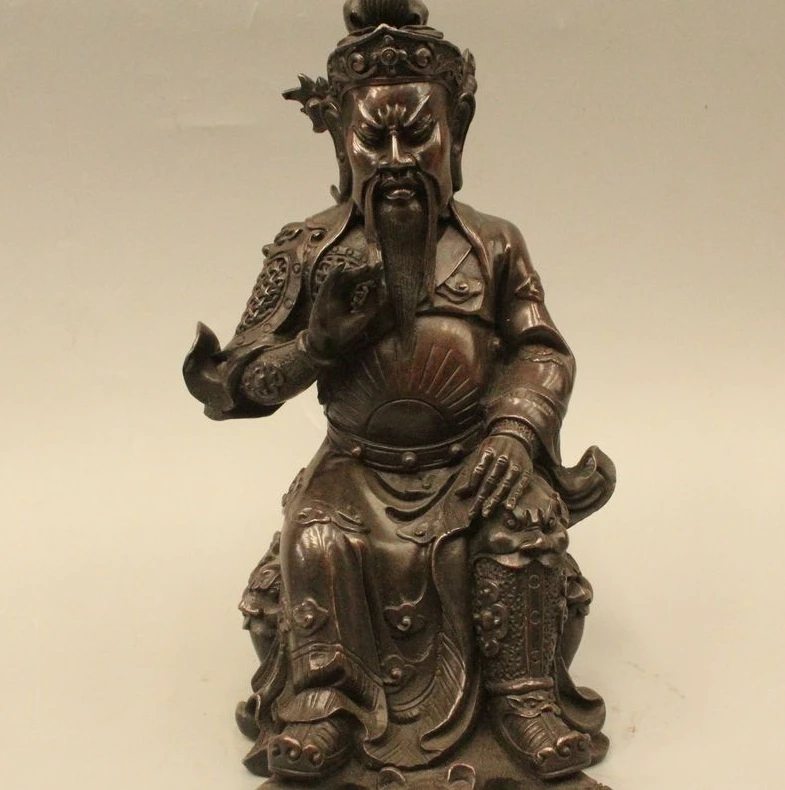 

9" Chinese Folk Bronze Seat General Guan Gong Yu Warrior God Statue Sculpture