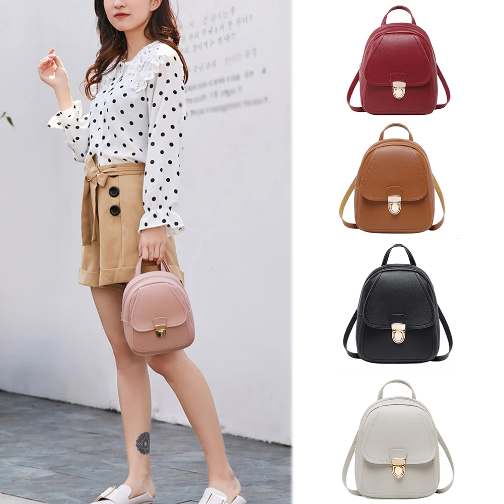 

Solid Softback Headphone Hole Phone Purse Female Backpack Summer New Fashion Small Backpack Soft Handle Pu Leather Student Bag