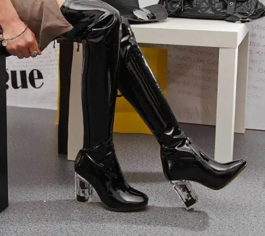 

Summer Over The Knee Boots For Woman Patent Leather Pointed Toe Square Transparent Heel in High Heels with Zipper Sexy