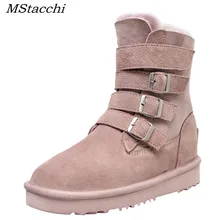 Mcacchi/зимние ботинки; водонепроницаемые ботинки; женские шикарные ботильоны с пряжкой; ботинки на плоской подошве размера плюс; очень теплая женская обувь на меху