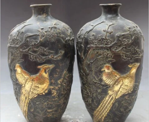 

JP S0054 8"Old Marked Chinese Bronze Gilt Carving Flower Bird Vase Bottle Pot Statue Pair