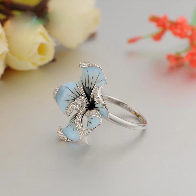 Elegant Blue Crystal Enamel Flower Engagement Rings for Women Unique Silver Color Vintage Brand Ring Jewelry Accessories O4M350
