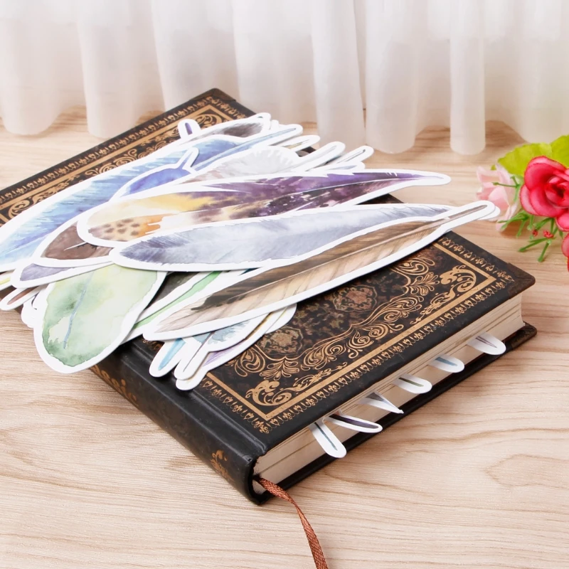 

30pcs Colorful Feather Cartoon Paper Bookmarks Message Cards Students Stationery