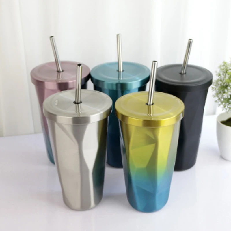 

480ml Creative Colorful Thermo Bottle Vacuum Flasks With Straw Lid Gradient Rhombus Stainless Steel Portable Tour Coffee Mug