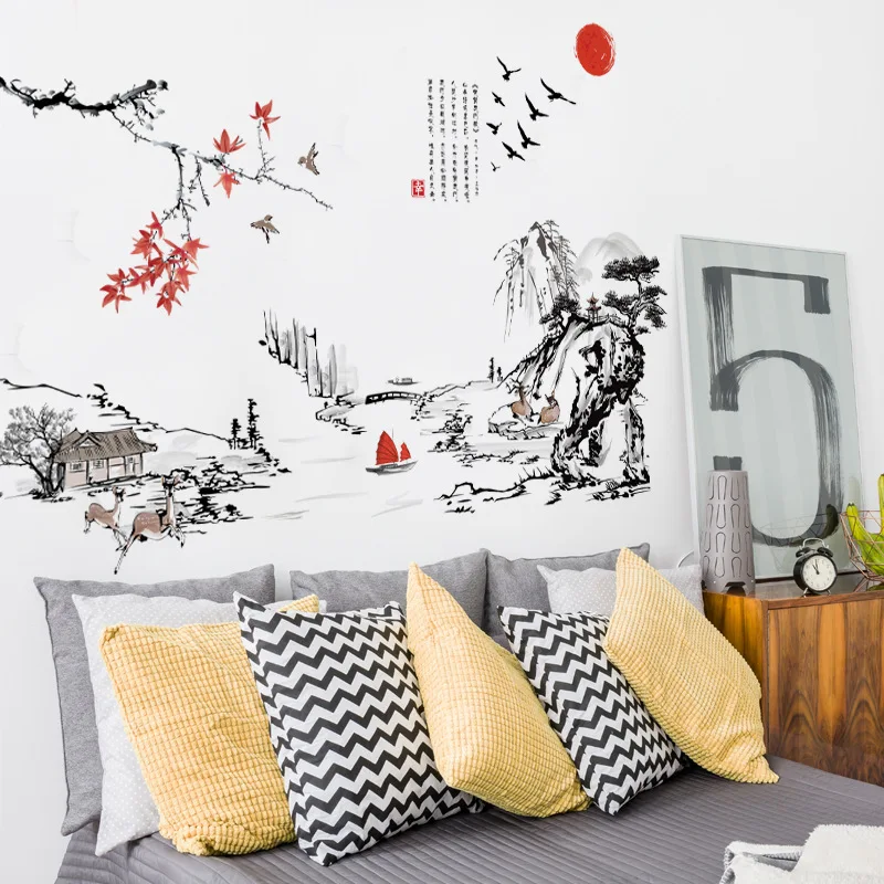 Chinese Style Ink Painting Landscape Art Wall Stickers Living Room Bedroom Background For Home Decoration Mural Decals Wallpaper 6