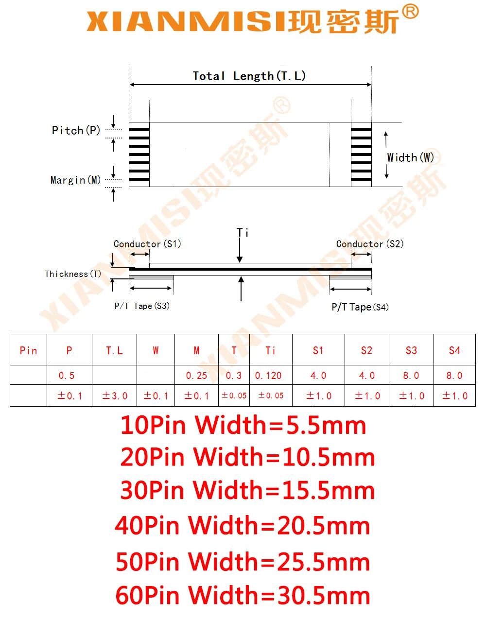 FFC FPC плоский гибкий кабель 10Pin 20Pin 30Pin 40Pin 50Pin 60Pin с одной стороны 0,5 мм Шаг AWM VW-1 20624 20798 80C 60V Длина 60 см 5 шт