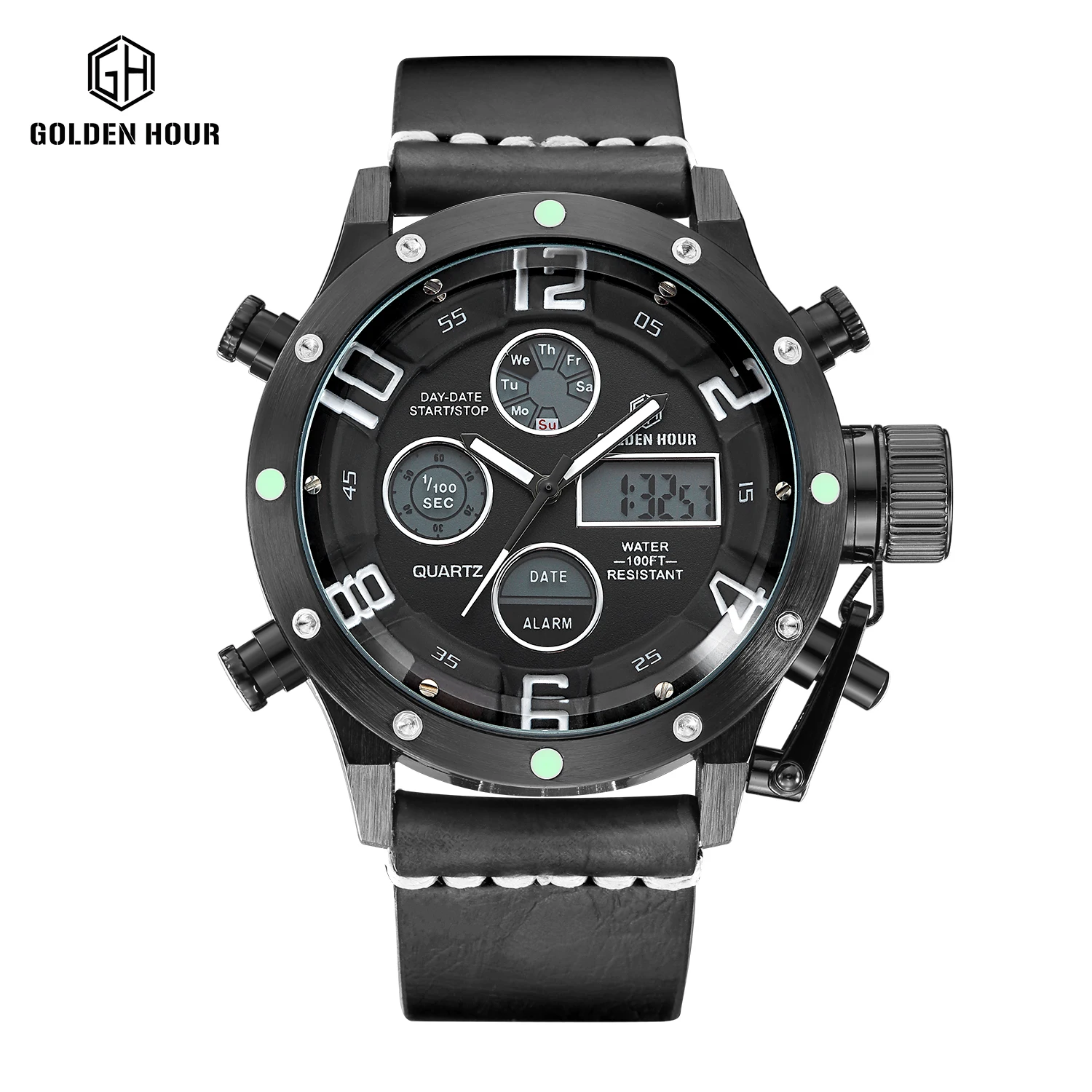 

GOLDENHOUR Top Brand Luxury Dual Time Digital Watch Men Chronograph Date Alarm Multifunction 3 Sub-dials Military Wrist Watches