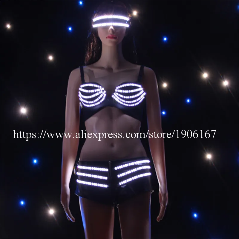 Fashion Led Sexy Lady Dress Flashing Luminous Light Up Clothes Pants Bra Glassess Suit Ballroom Costume