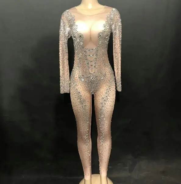jumpsuit Сценические блестящие серебряные костюмы с кристаллами сексуальные большие стразы боди с имитацией обнаженного тела женщин День рождения роскошный наряд вечерний костюм - Цвет: jumpsuit