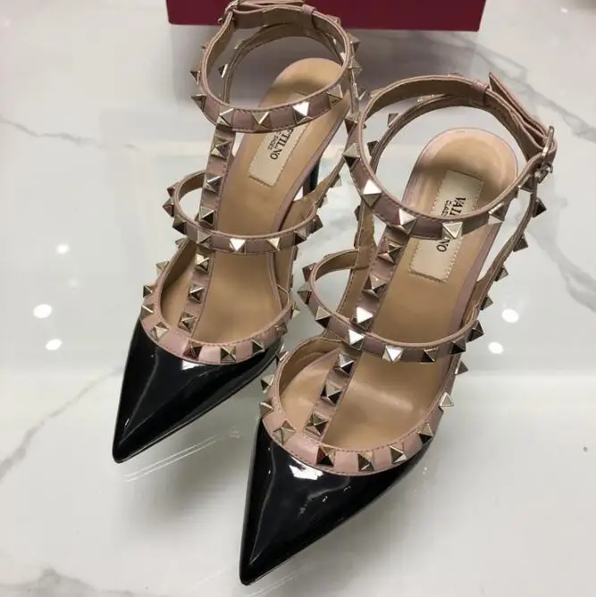 

New Hot Black Women Platform Pumps Ladies Sexy Point Toe Rivet High Heels Shoes Fashion Buckle Studded Stiletto Sandals 34-43