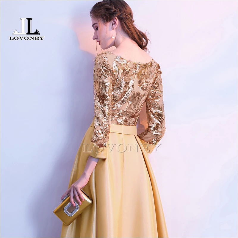 LOVONEY A Line Sequins Golden Evening Dress Long Prom Party Dresses Evening Gown Formal Dress Women Elegant Robe De Soiree M254 LOVONEY A Line Sequins Golden Evening Dress Long Prom Party Dresses Evening Gown Formal Dress Women Elegant Robe De Soiree M254