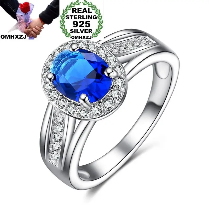 

OMHXZJ Wholesale Personality Fashion OL Woman Girl Party Gift Red Yellow Blue Oval AAA Zircon 925 Sterling Silver Ring RN206
