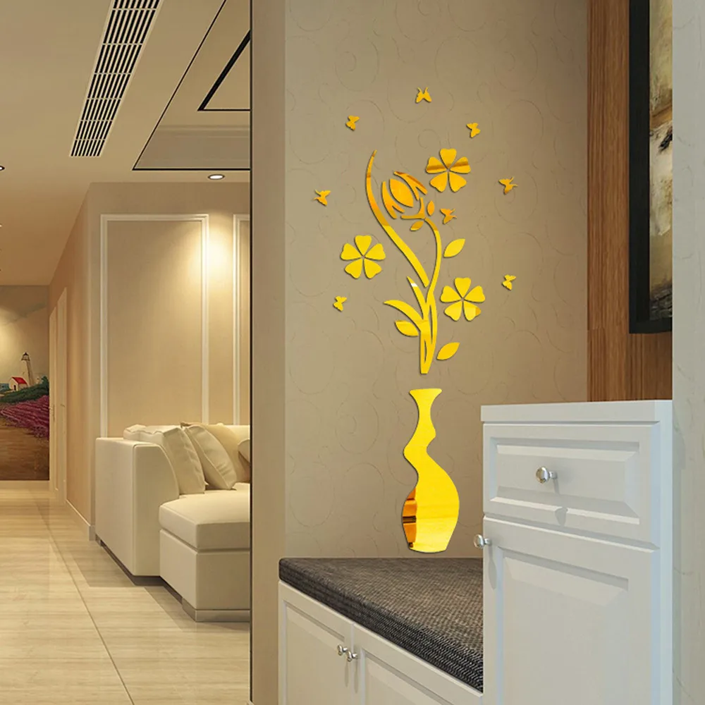 DIY Vase Flower Tree Crystal Acrylic 3D Wall Stickers Decal Home room