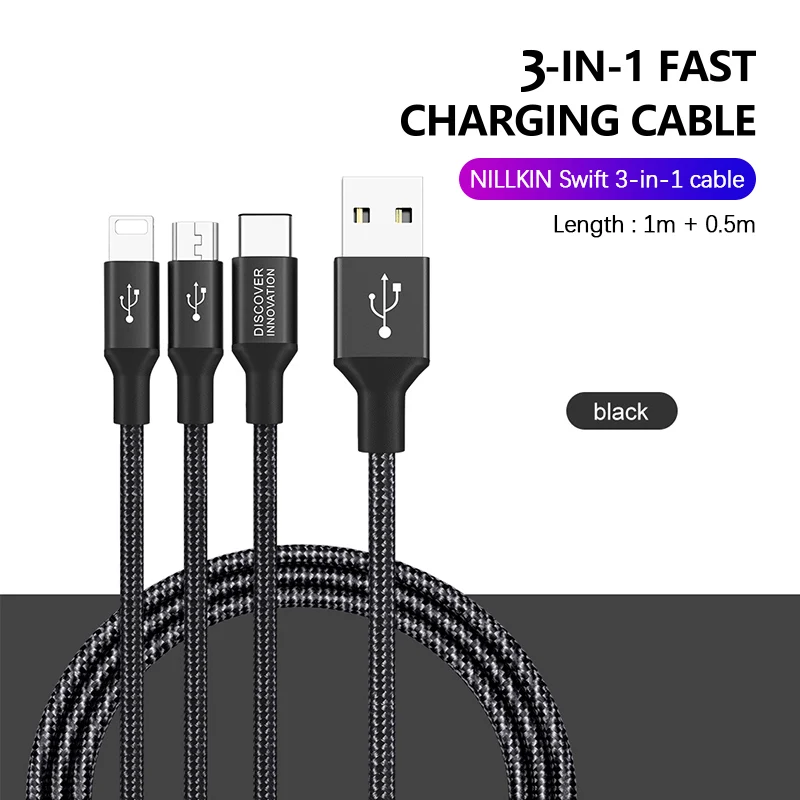 Универсальный нейлоновый зарядный кабель 3 в 1 адаптер для iOS iPhone USB Type C разъем Micro