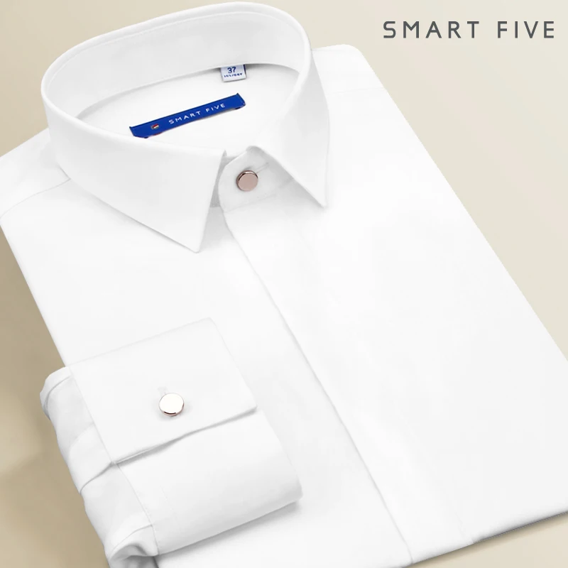 

Smart Five Men Dress Shirts Long Sleeve White Formal Business Solid Tuxedo Shirts Cotton Slim Fit Men Shirt High Quality 2018