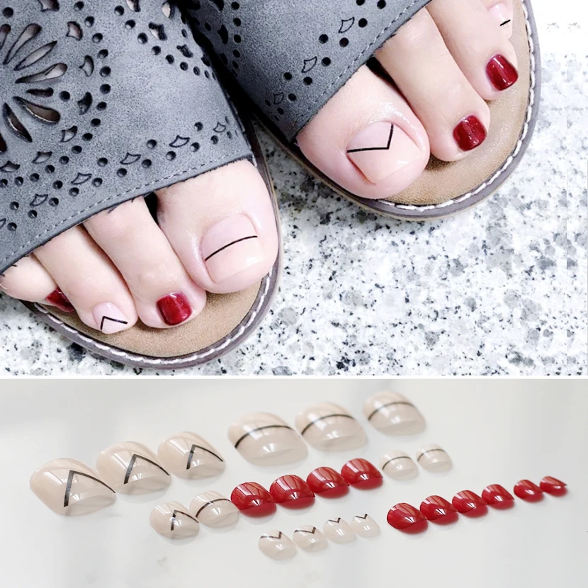 Buy New 24pcs Fake Toenails Nude Simple lines Art