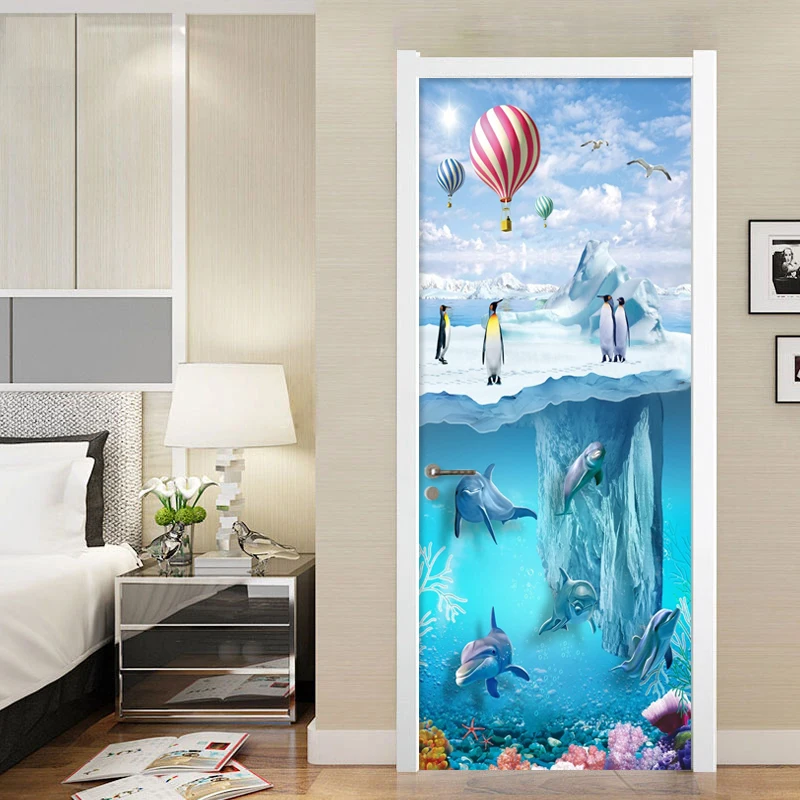 Door Sticker 3D Cartoon Iceberg Penguin Dolphins Wallpaper Kids Bedroom PVC Waterproof Door Decals Vinyl Mural Home Decor Paste