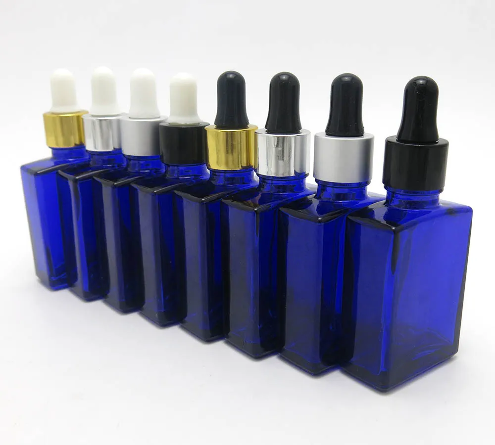 200pcslot 30ml Cobalt blue flat square glass bottle with aluminum dropper 1oz Empty glass dropper container