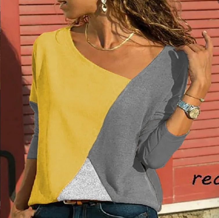 Уличная женская футболка, большие размеры 5XL 6XL 7XL 8XL, топы с длинными рукавами, женская футболка в стиле пэчворк, Camiseta Mujer, женские футболки - Цвет: yellow gray
