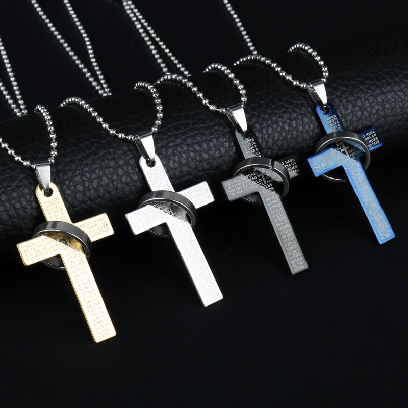 

dongsheng Hot Selling Men's Jewelry Black Blue Spanish Letter Stainless Steel Bible Cross Pendant Chain Necklace -30