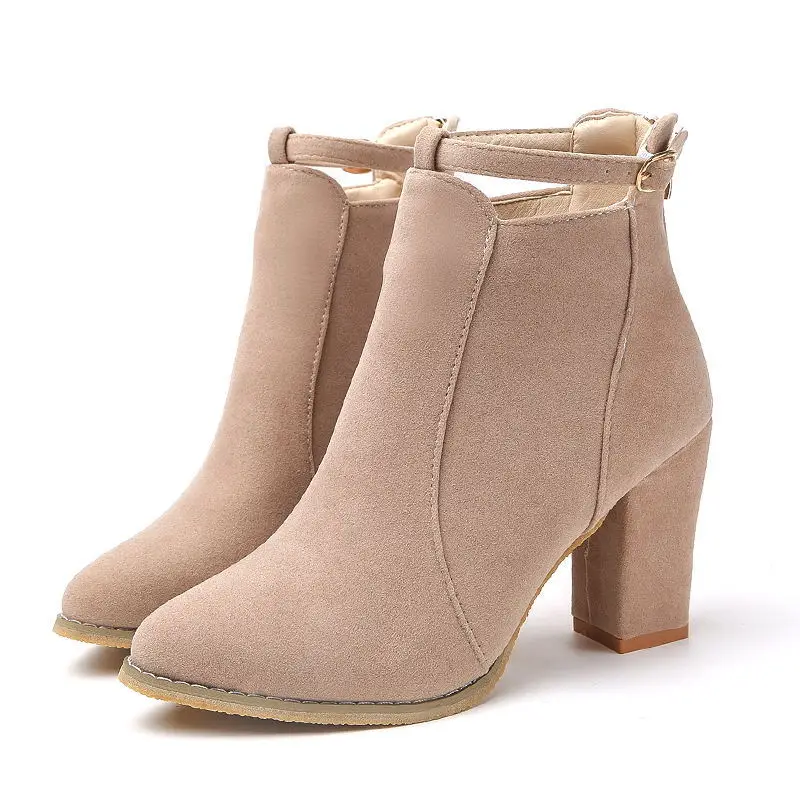

GOXPACER Autumn Winter Boots Women High Heels Female Martin Boots Suede Ankle Buckle Fashion Pointed Toe All Match Short 2018
