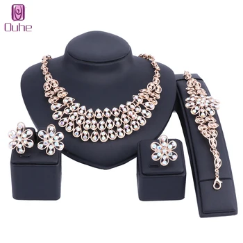 

Women Party Statement Necklace Earrings Bracelet Ring Set with Crystal Rhinestones Luxury Bride Wedding Jewelry Sets 2 Colors