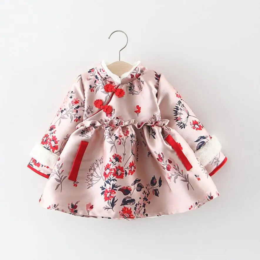 1 предмет, зимнее платье в китайском стиле с вышитыми цветами и кроликом для маленьких девочек, теплое бархатное платье с воротником в этническом стиле для От 0 до 4 лет, маленьких девочек