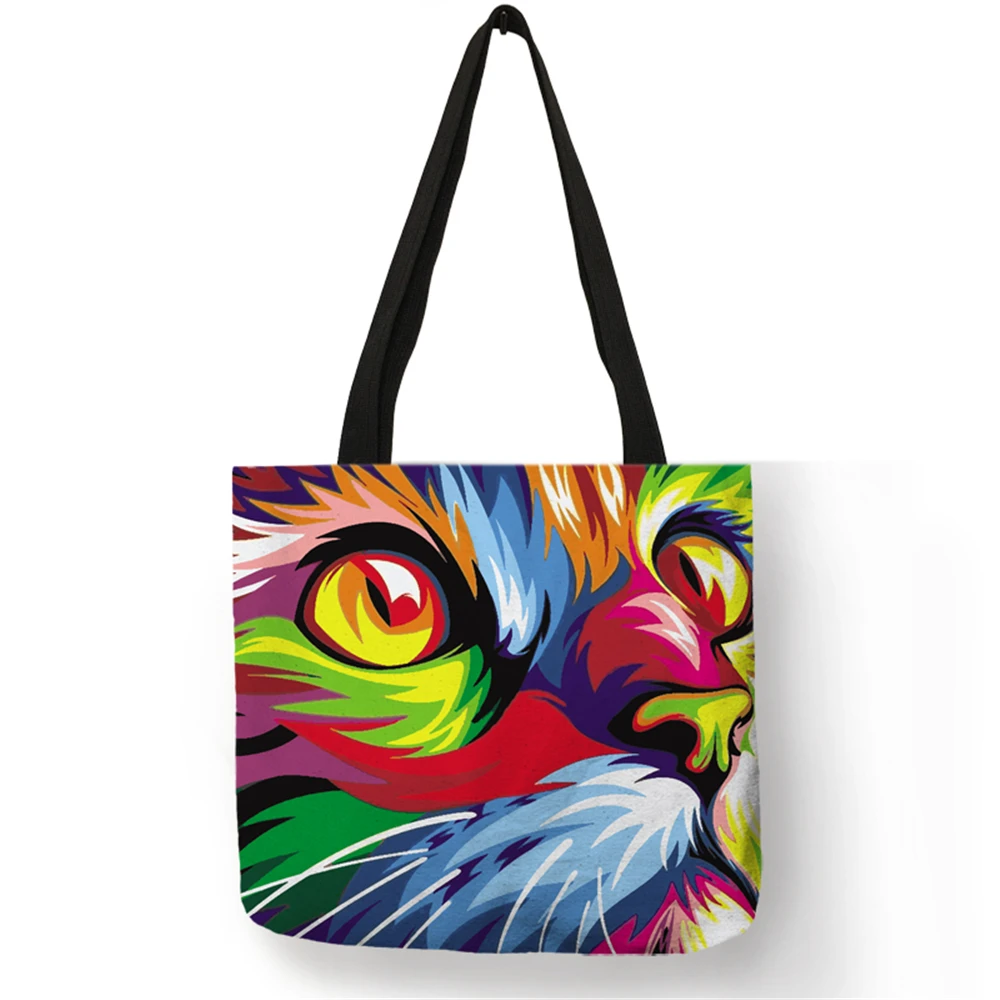 Colorful Cat Oil Painting Tote Bag With Customized Print Women Fashion Linen Handbags Reusable Shopping Bags Traveling School huismerk kopen in de aanbieding Colorful Cat Oil Painting Tote Bag With Customized Print Women Fashion Linen Handbags Reusable Shopping Bags Traveling School huismerk kopen in de aanbieding