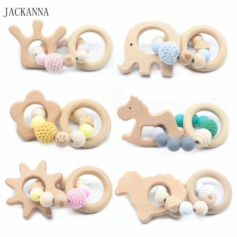 

Wood Teething Bracelet Cartoon Wooden Teether Toy Silicone Beads Teething Rattle Bracelet Nursing Toy Gift BPA Free Baby Teether