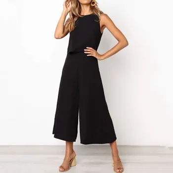 

2019 Summer Loose Jumpsuit Women Wide Pants Sleeveless Elegant Jumpsuit Female Black Jumpsuit Romper Ladies